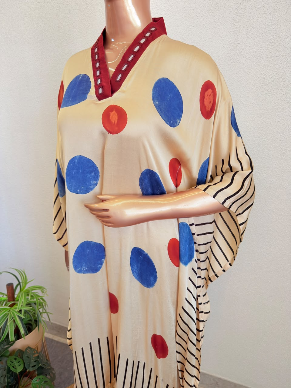 Mirror-Detailed V-Neck Kaftan with Polka & Stripe Block Prints-Beige