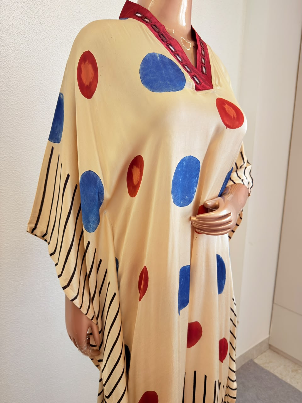 Mirror-Detailed V-Neck Kaftan with Polka & Stripe Block Prints-Beige