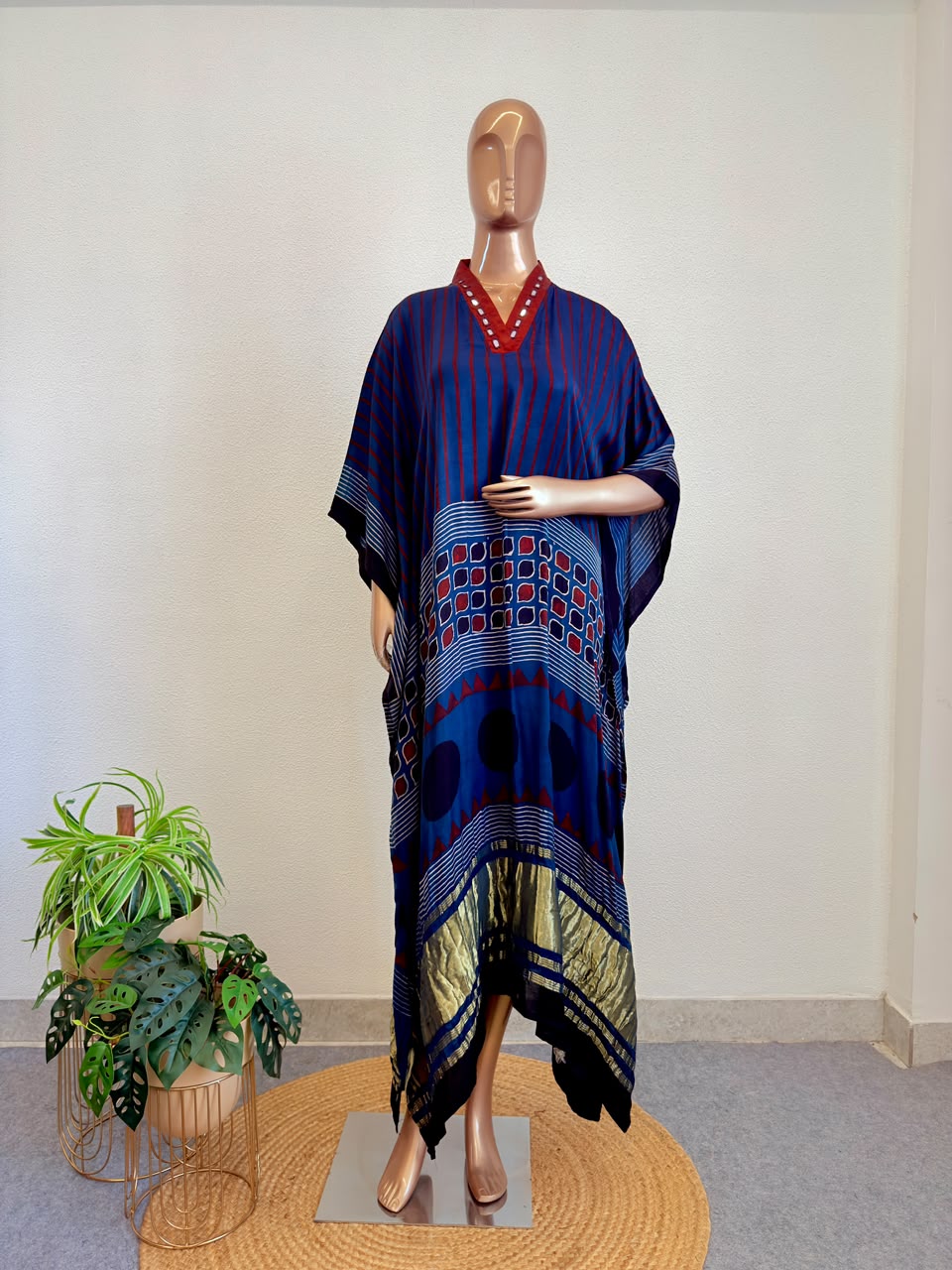 Mirror-Detailed V-Neck Silk Kaftan Set with Geometric & Polka Block Prints-Blue