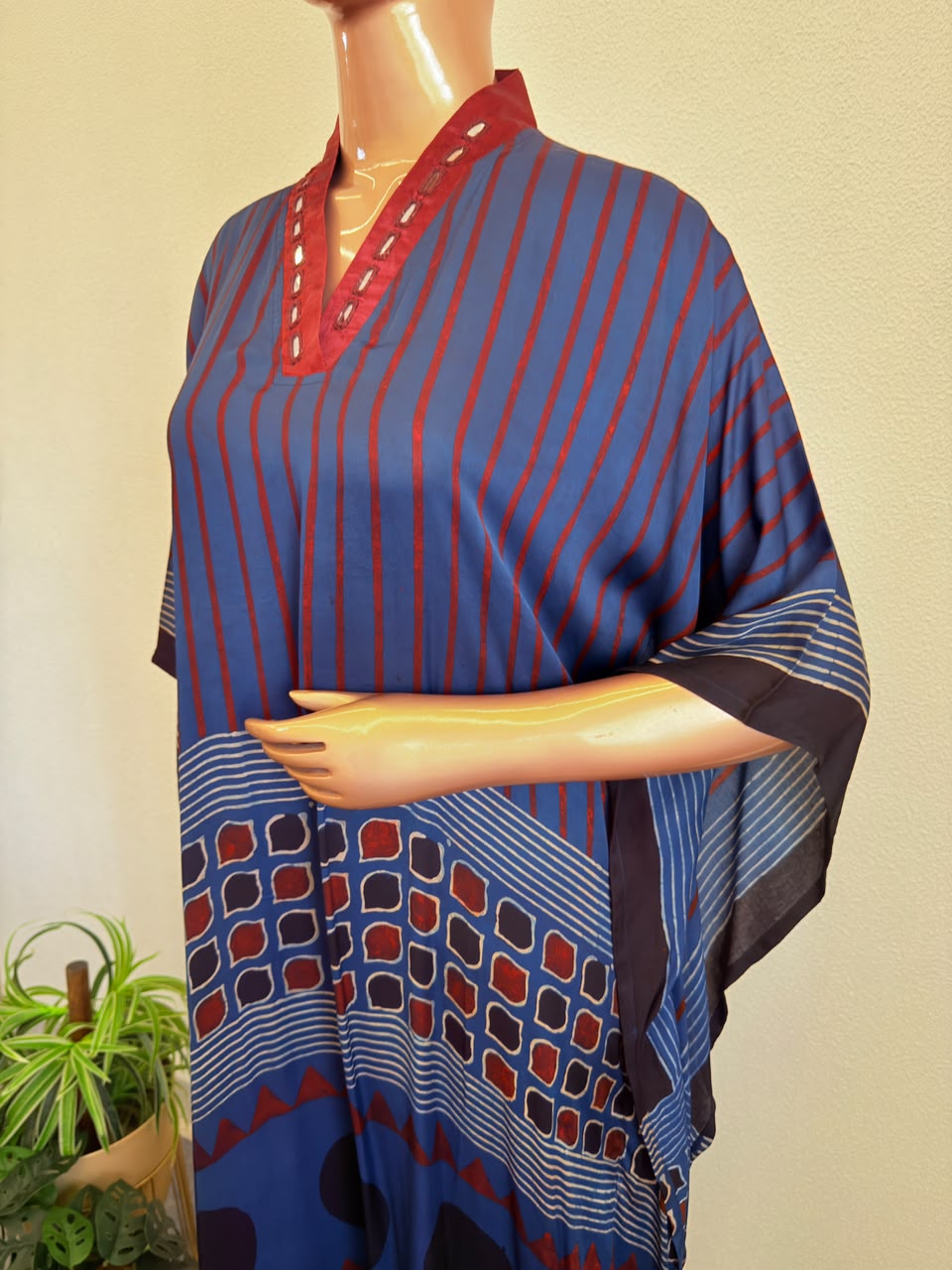 Mirror-Detailed V-Neck Silk Kaftan Set with Geometric & Polka Block Prints-Blue