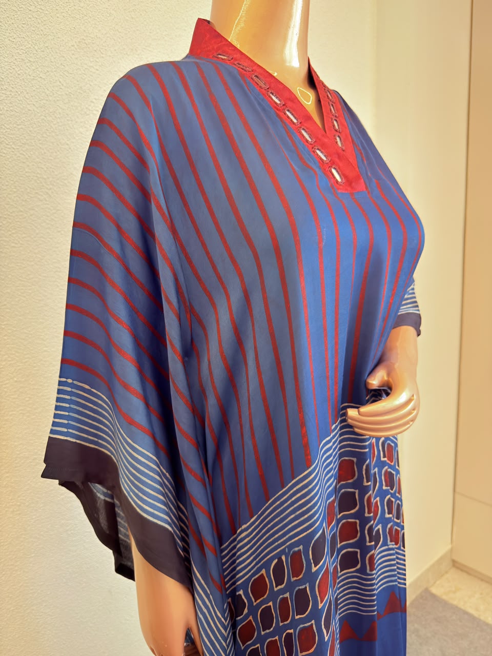Mirror-Detailed V-Neck Silk Kaftan Set with Geometric & Polka Block Prints-Blue