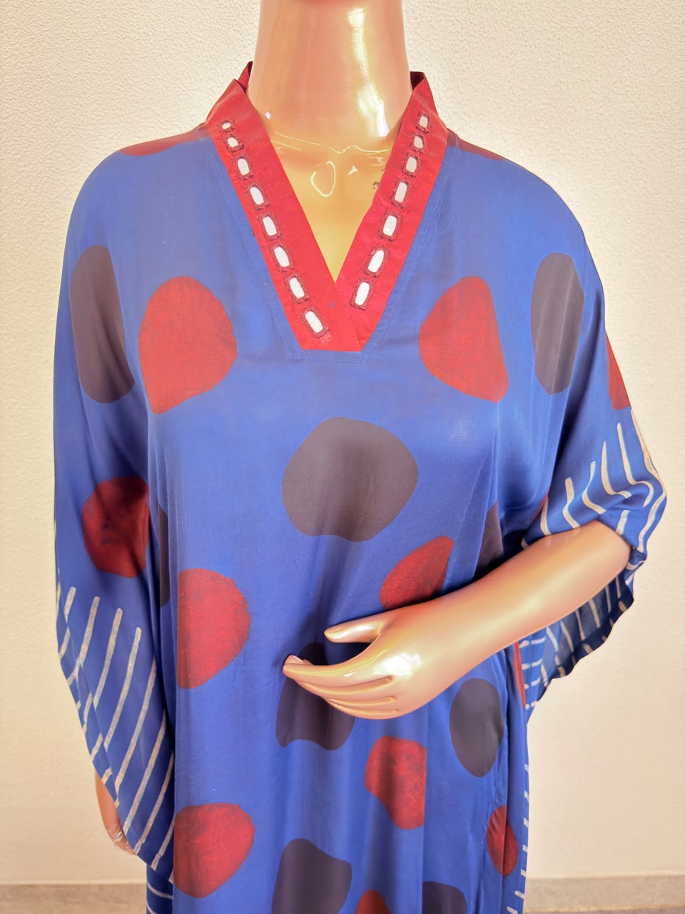 Mirror-Embellished V-Neck Silk Kaftan Set with Polka & Stripe Block Prints-Blue