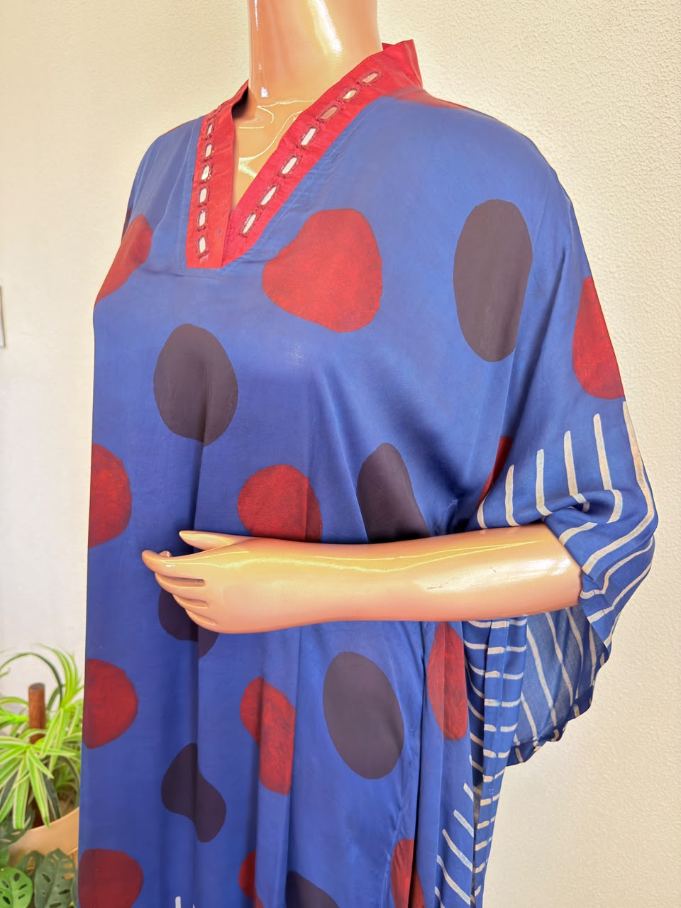 Mirror-Embellished V-Neck Silk Kaftan Set with Polka & Stripe Block Prints-Blue