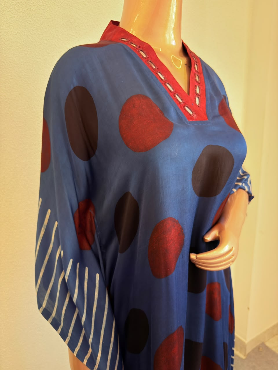 Mirror-Embellished V-Neck Silk Kaftan Set with Polka & Stripe Block Prints-Blue