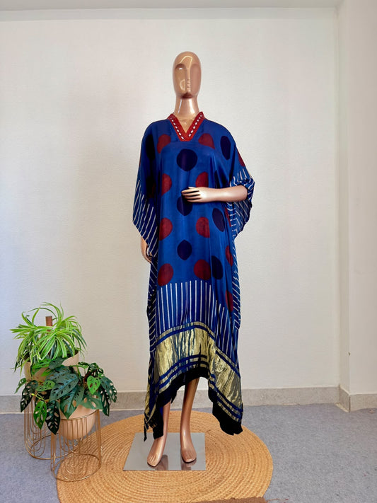 Mirror-Embellished V-Neck Silk Kaftan Set with Polka & Stripe Block Prints-Blue
