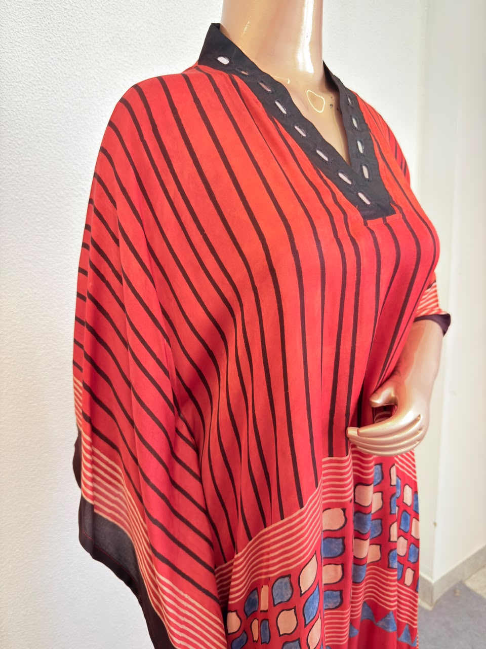 Rust Red & Charcoal Black Silk Kaftan Set with Woven Antique Zari Border- Red