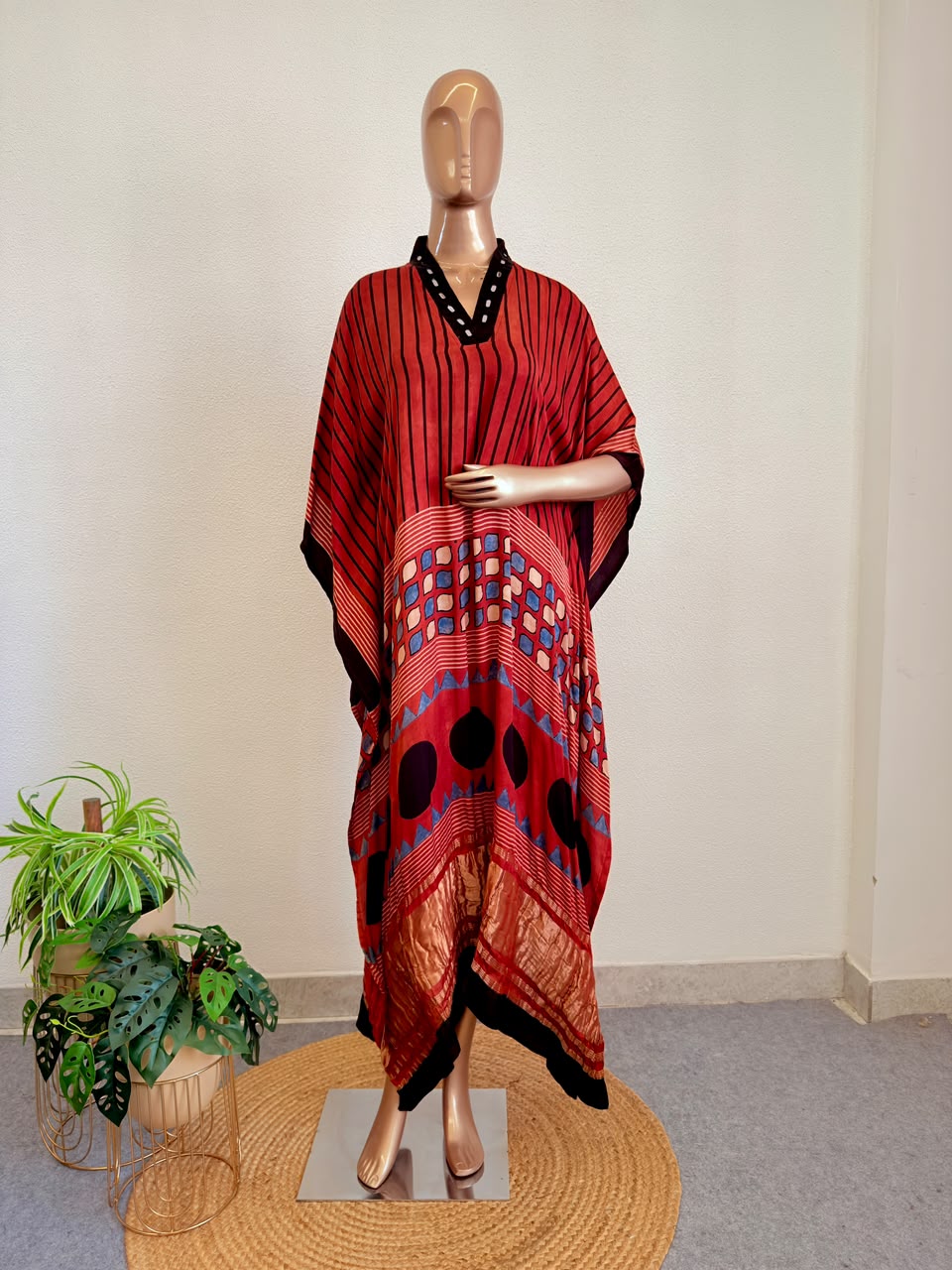 Rust Red & Charcoal Black Silk Kaftan Set with Woven Antique Zari Border- Red