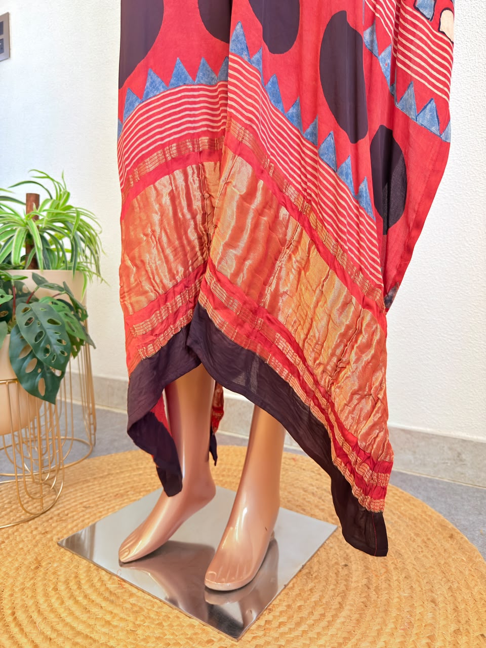 Rust Red & Charcoal Black Silk Kaftan Set with Woven Antique Zari Border- Red
