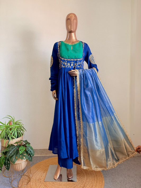 Contrast Yoke Embroidered Waist-Gathered Anarkali Set with Flared Palazzo & Tissue Dupatta