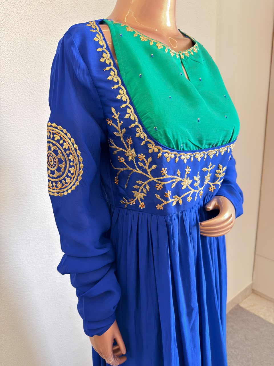 Contrast Yoke Embroidered Waist-Gathered Anarkali Set with Flared Palazzo & Tissue Dupatta