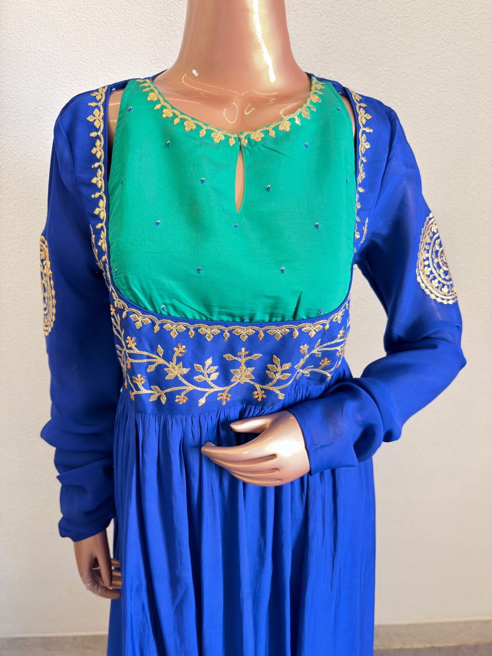 Contrast Yoke Embroidered Waist-Gathered Anarkali Set with Flared Palazzo & Tissue Dupatta