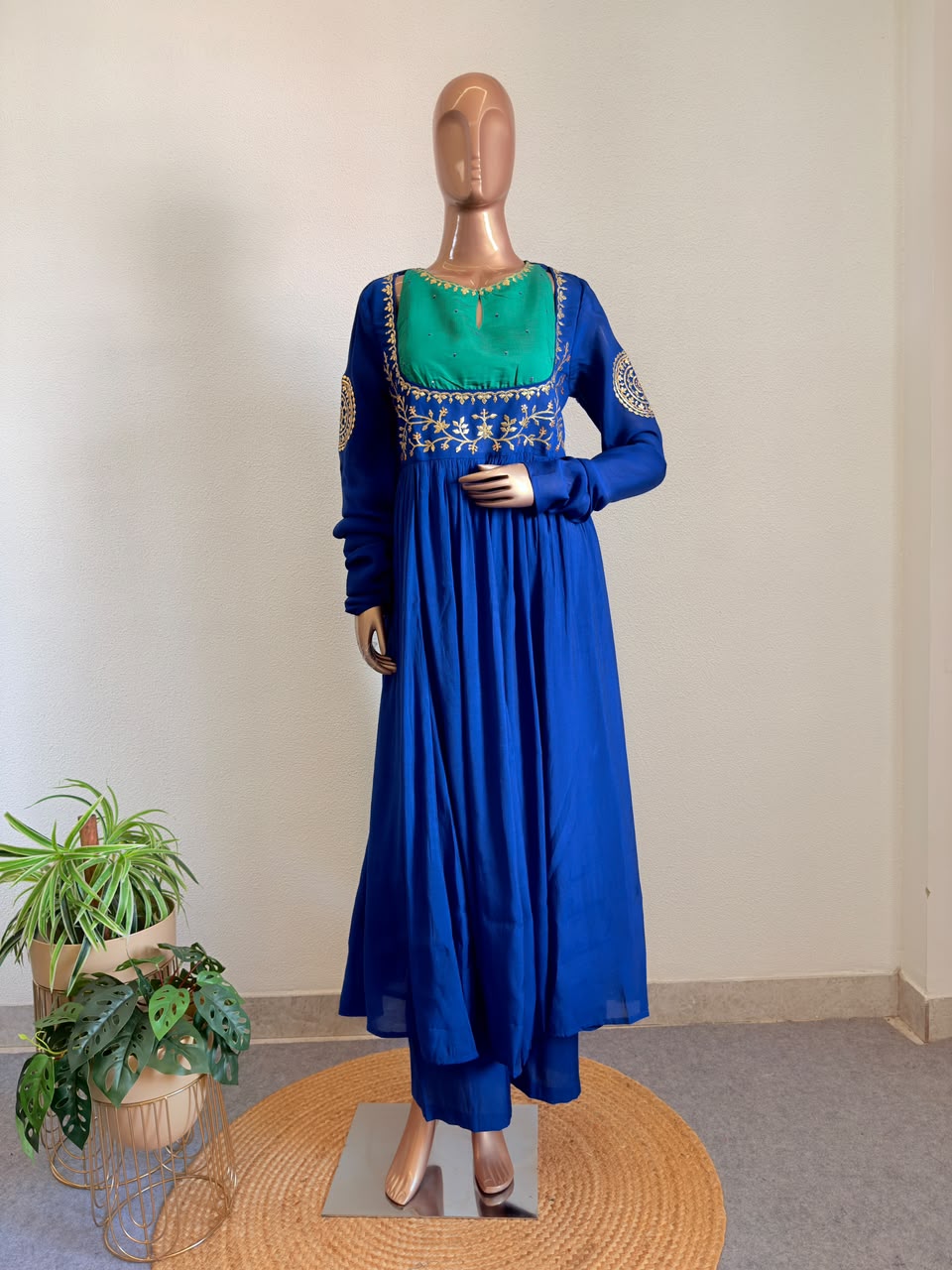 Contrast Yoke Embroidered Waist-Gathered Anarkali Set with Flared Palazzo & Tissue Dupatta