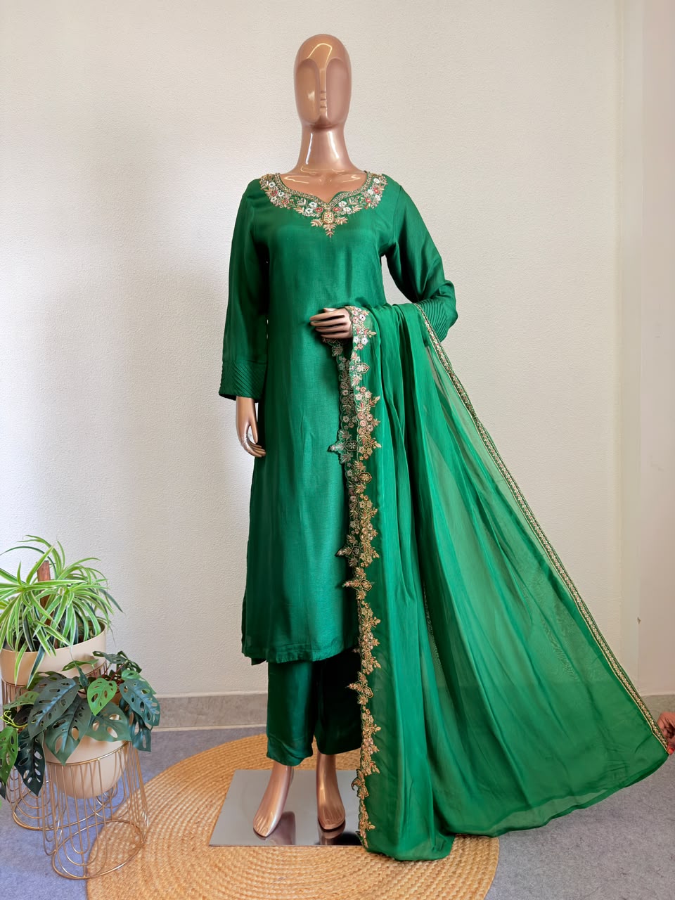 Hand Embroidered Neckline Silk Suit Set with Scalloped Dupatta