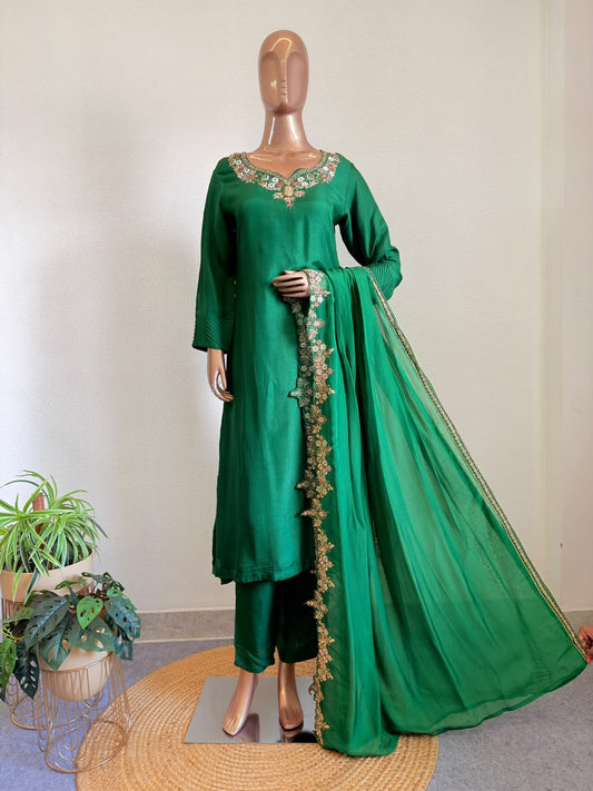 Hand Embroidered Neckline Silk Suit Set with Scalloped Dupatta