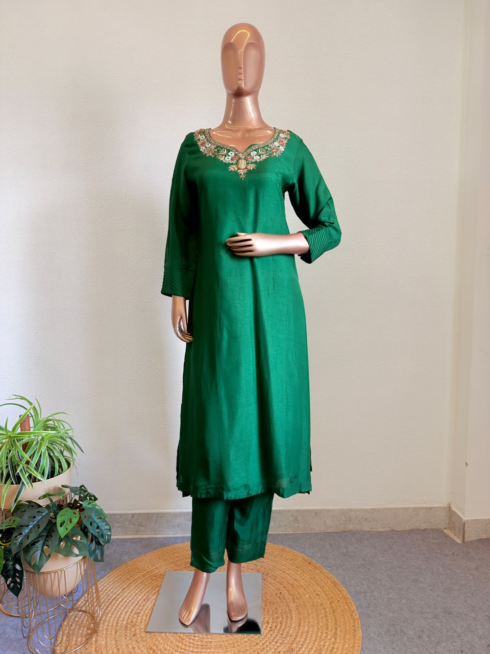 Hand Embroidered Neckline Silk Suit Set with Scalloped Dupatta