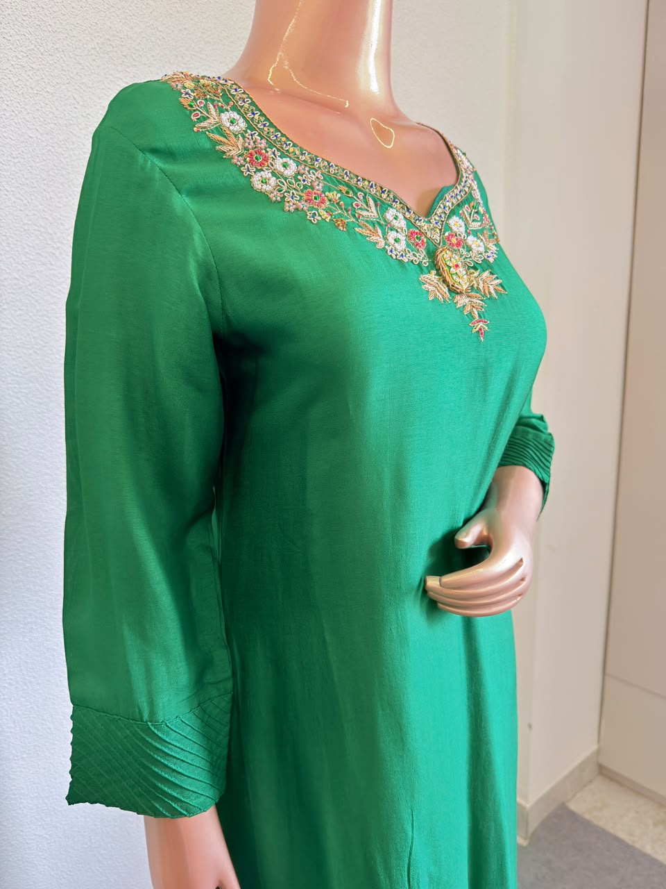 Hand Embroidered Neckline Silk Suit Set with Scalloped Dupatta