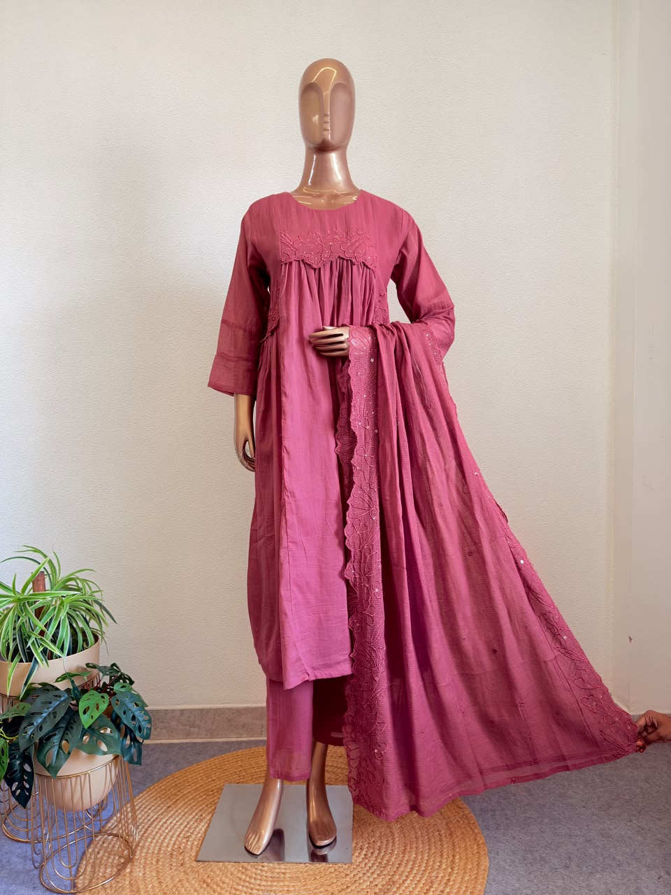 Kota Doria & Mul Cotton Floral Cutwork Dupatta Kurta Set with Gathered Yoke