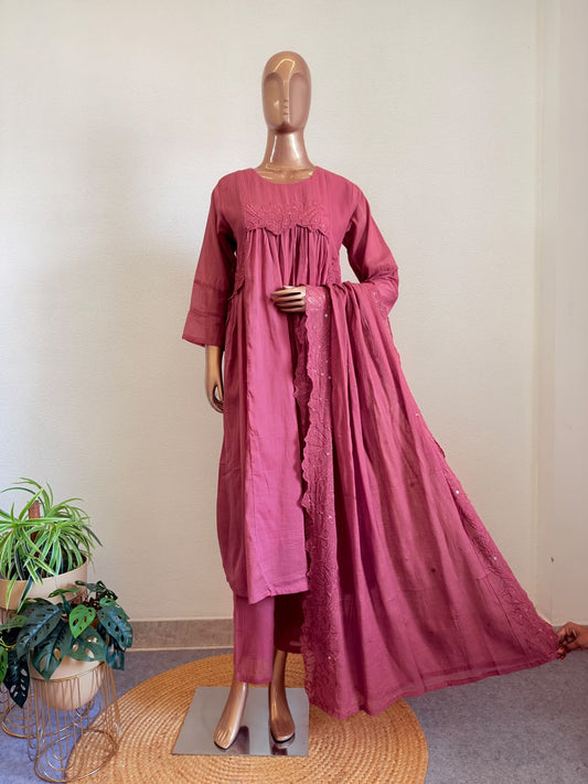Kota Doria & Mul Cotton Floral Cutwork Dupatta Kurta Set with Gathered Yoke