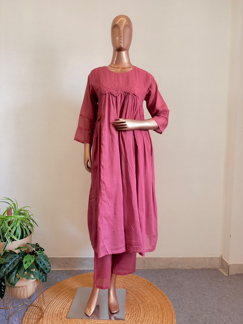 Kota Doria & Mul Cotton Floral Cutwork Dupatta Kurta Set with Gathered Yoke