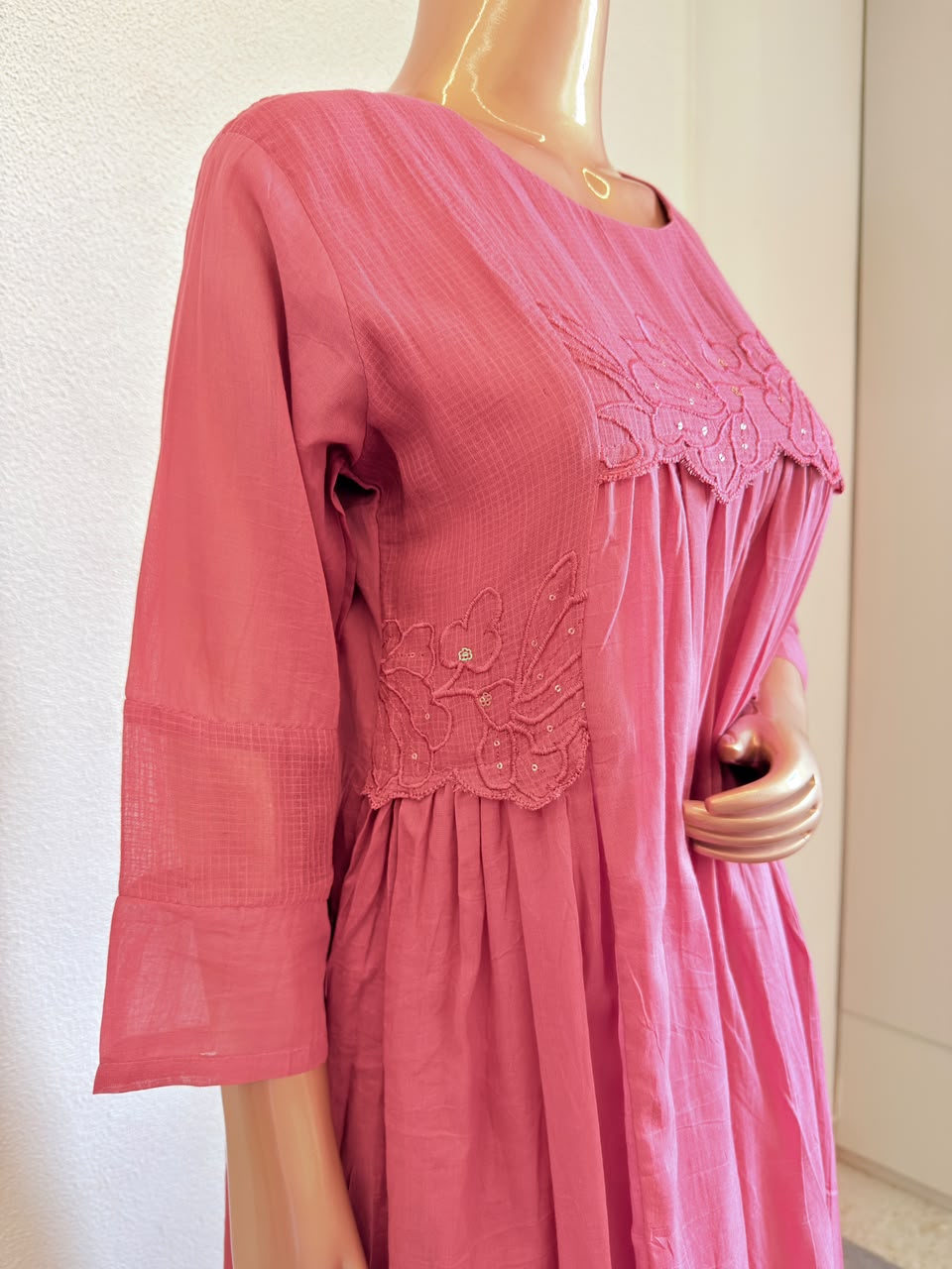 Kota Doria & Mul Cotton Floral Cutwork Dupatta Kurta Set with Gathered Yoke