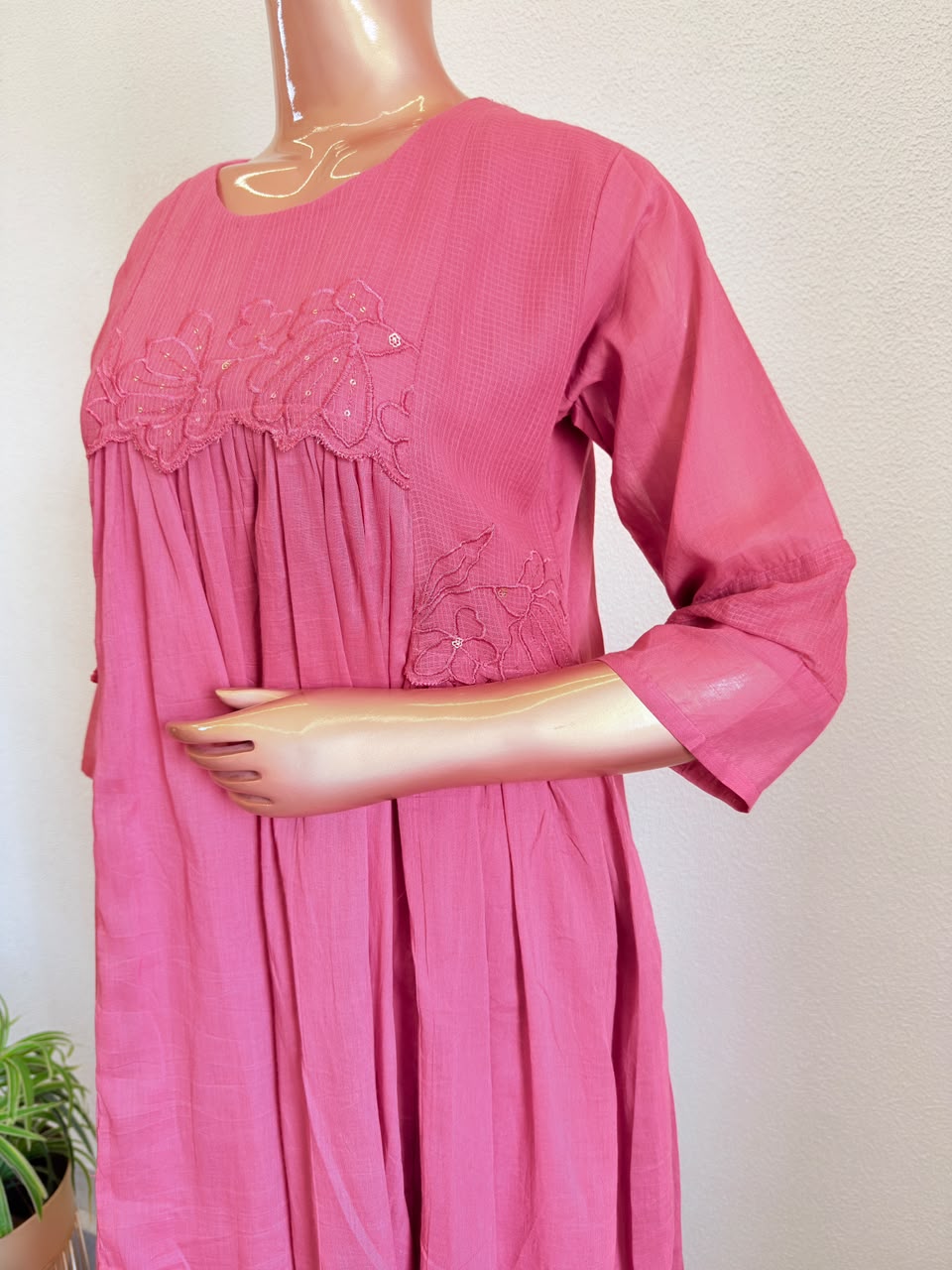 Kota Doria & Mul Cotton Floral Cutwork Dupatta Kurta Set with Gathered Yoke
