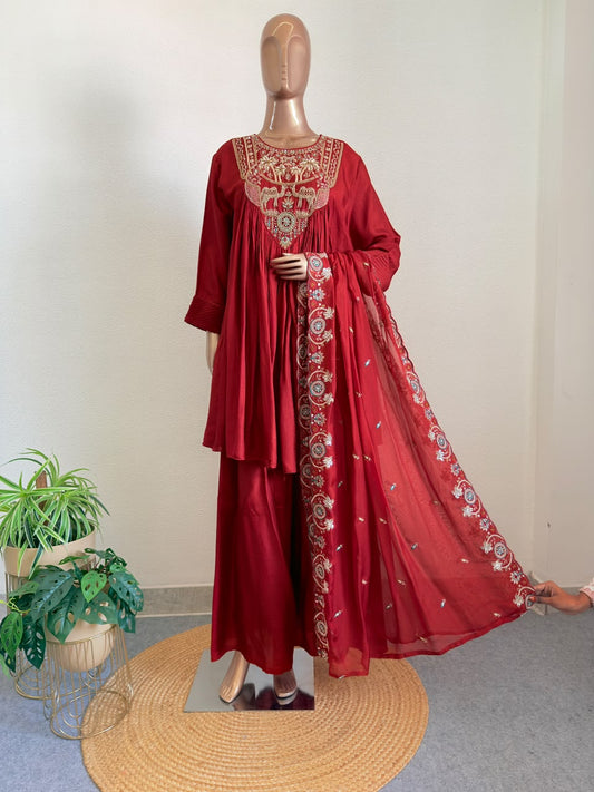Heritage Zardozi Embroidered Silk Kalidar Set with Scalloped Dupatta - Rust Orange