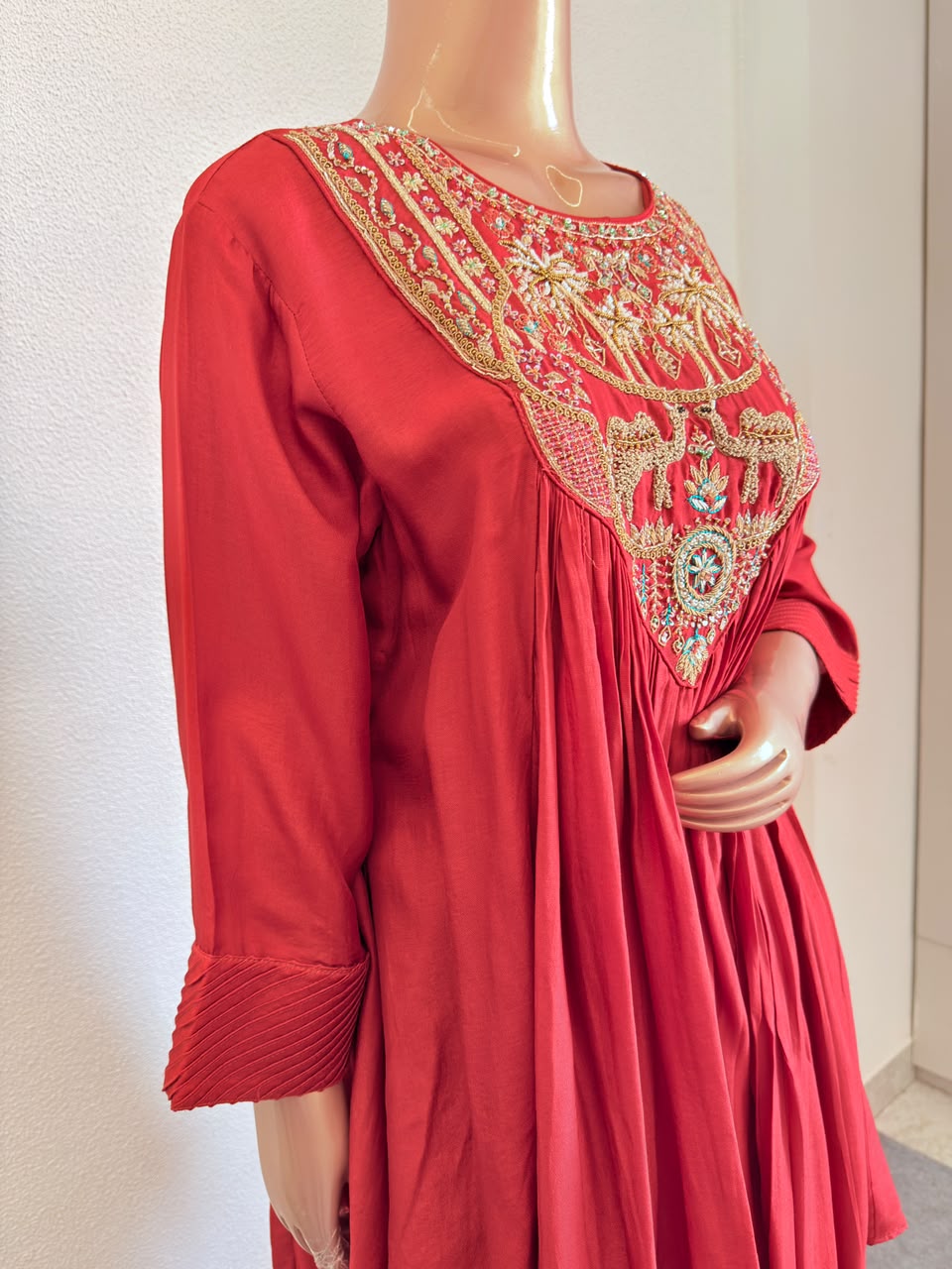 Heritage Zardozi Embroidered Silk Kalidar Set with Scalloped Dupatta - Rust Orange
