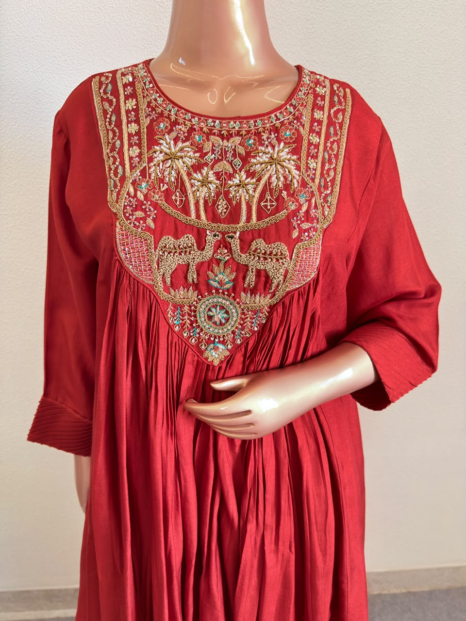 Heritage Zardozi Embroidered Silk Kalidar Set with Scalloped Dupatta - Rust Orange