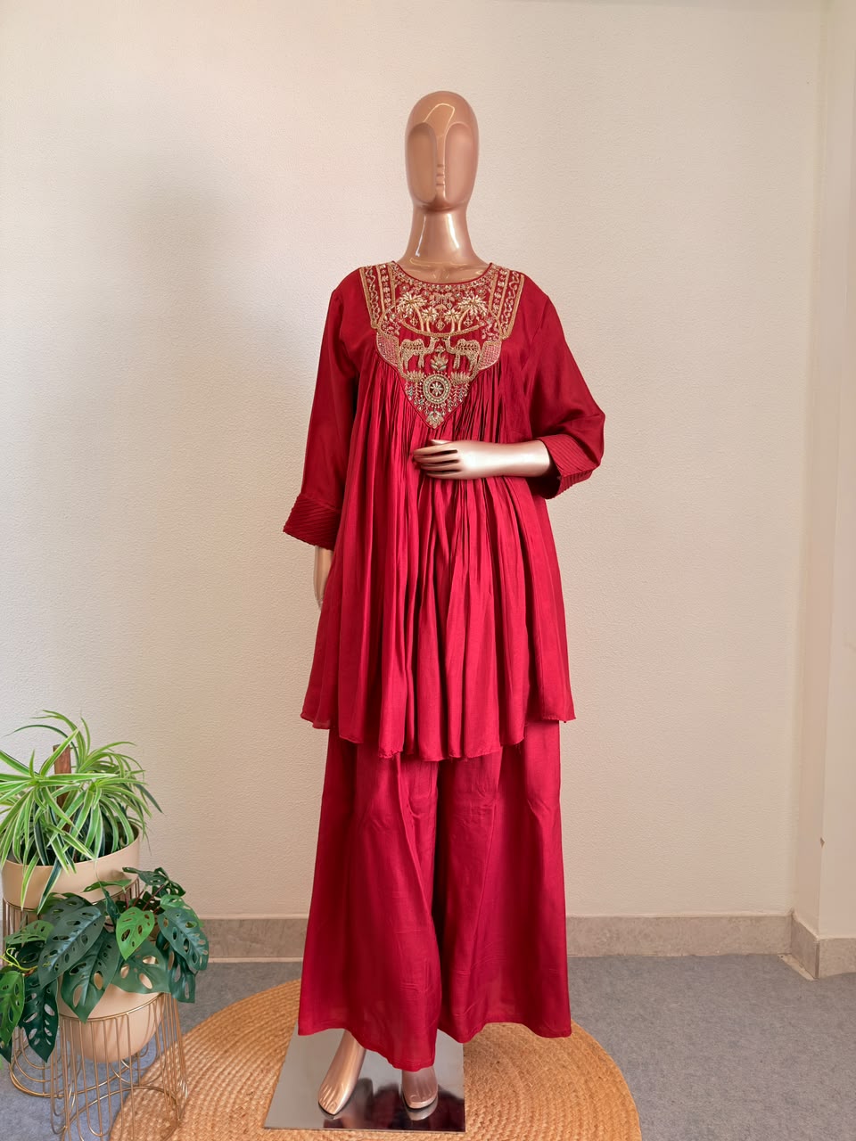 Heritage Zardozi Embroidered Silk Kalidar Set with Scalloped Dupatta - Rust Orange