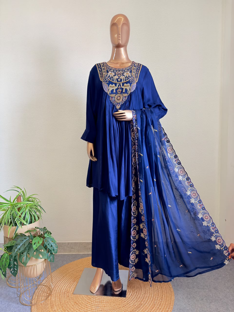 Heritage Zardozi Embroidered Silk Kalidar Set with Scalloped Dupatta - Blue