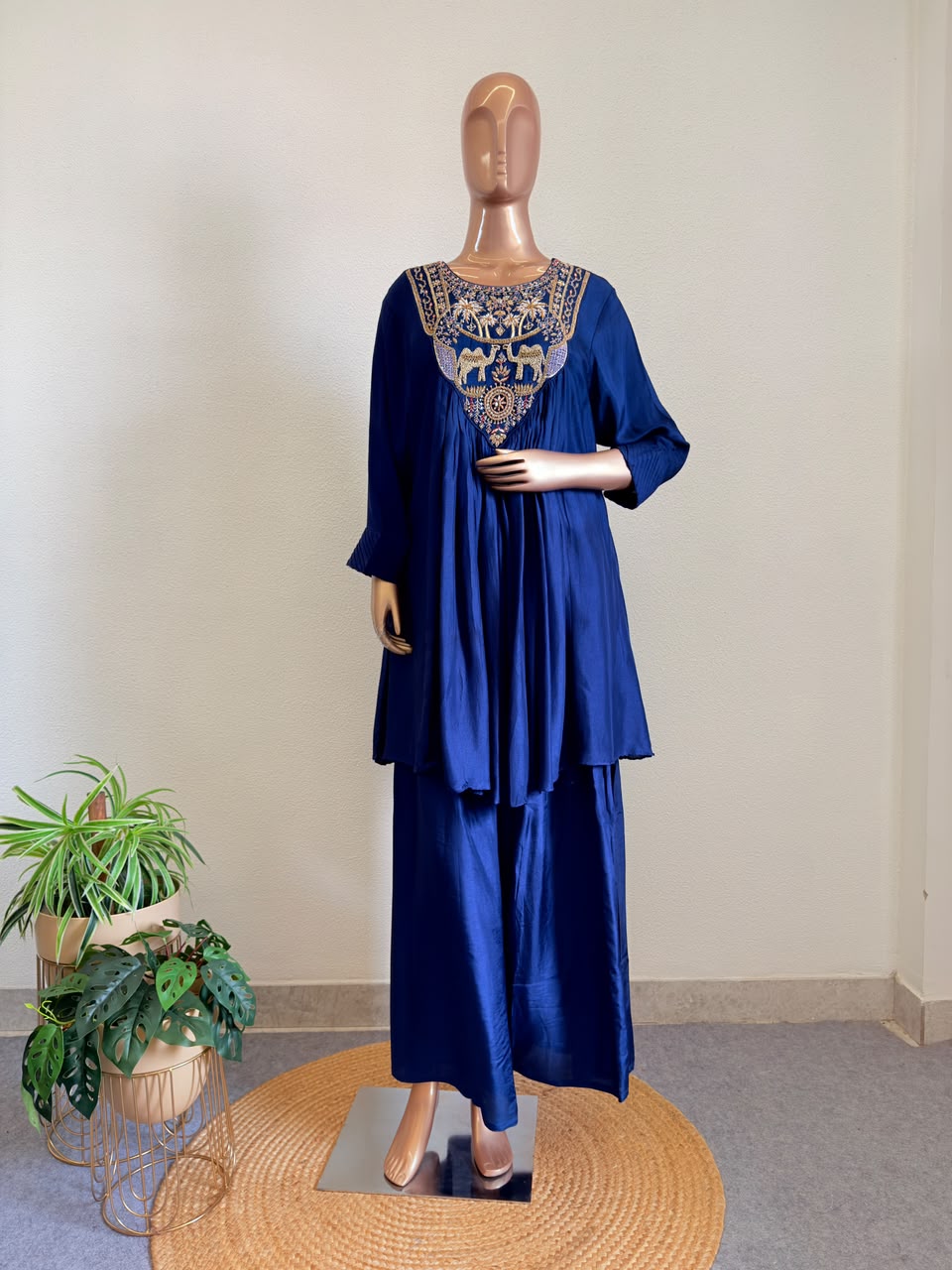 Heritage Zardozi Embroidered Silk Kalidar Set with Scalloped Dupatta - Blue