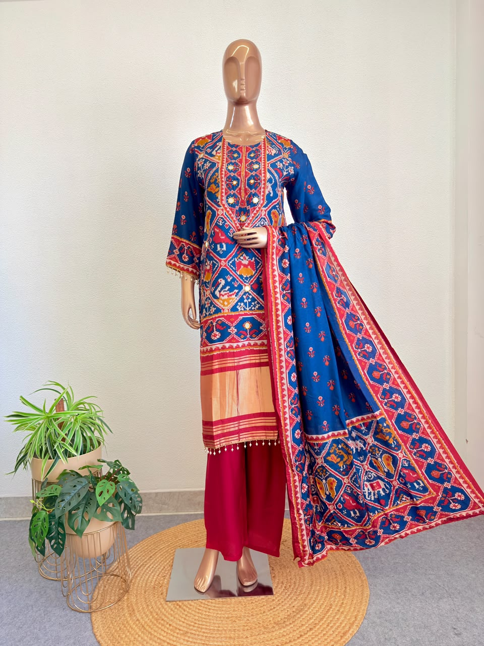 Traditional Patola Block-Print Kurta Set with Mirror & Coin Work Yoke