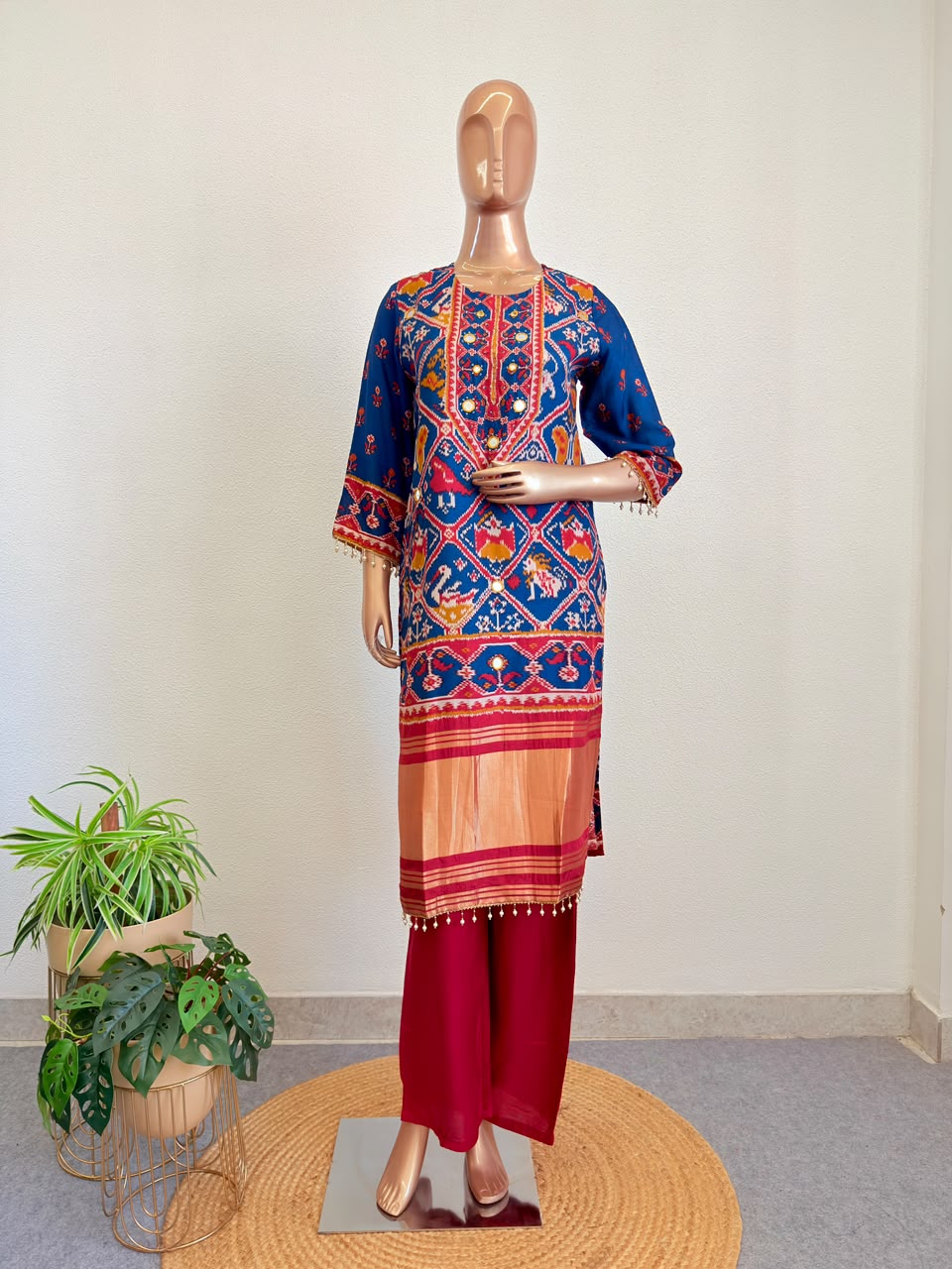 Traditional Patola Block-Print Kurta Set with Mirror & Coin Work Yoke