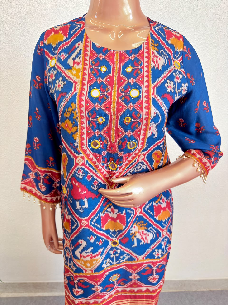 Traditional Patola Block-Print Kurta Set with Mirror & Coin Work Yoke