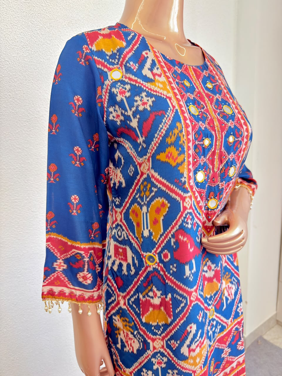 Traditional Patola Block-Print Kurta Set with Mirror & Coin Work Yoke