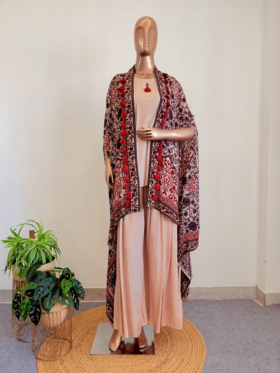 Printed Crepe Kaftan Cape & Muslin Palazzo 3-Piece Fusion Co-Ord Set