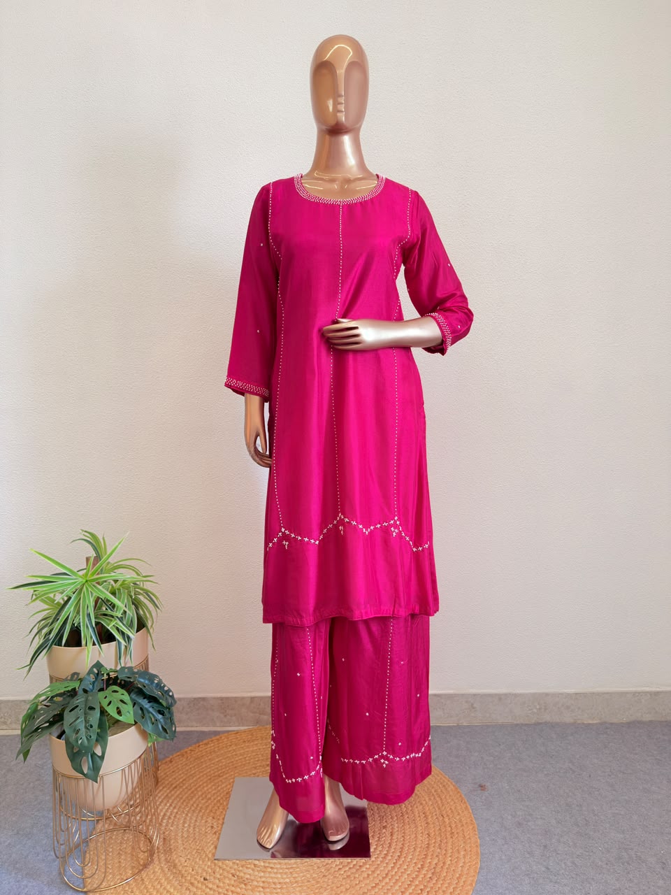 Premium Pearl Embroidered Silk Suit Set with Palazzo & Organza Dupatta