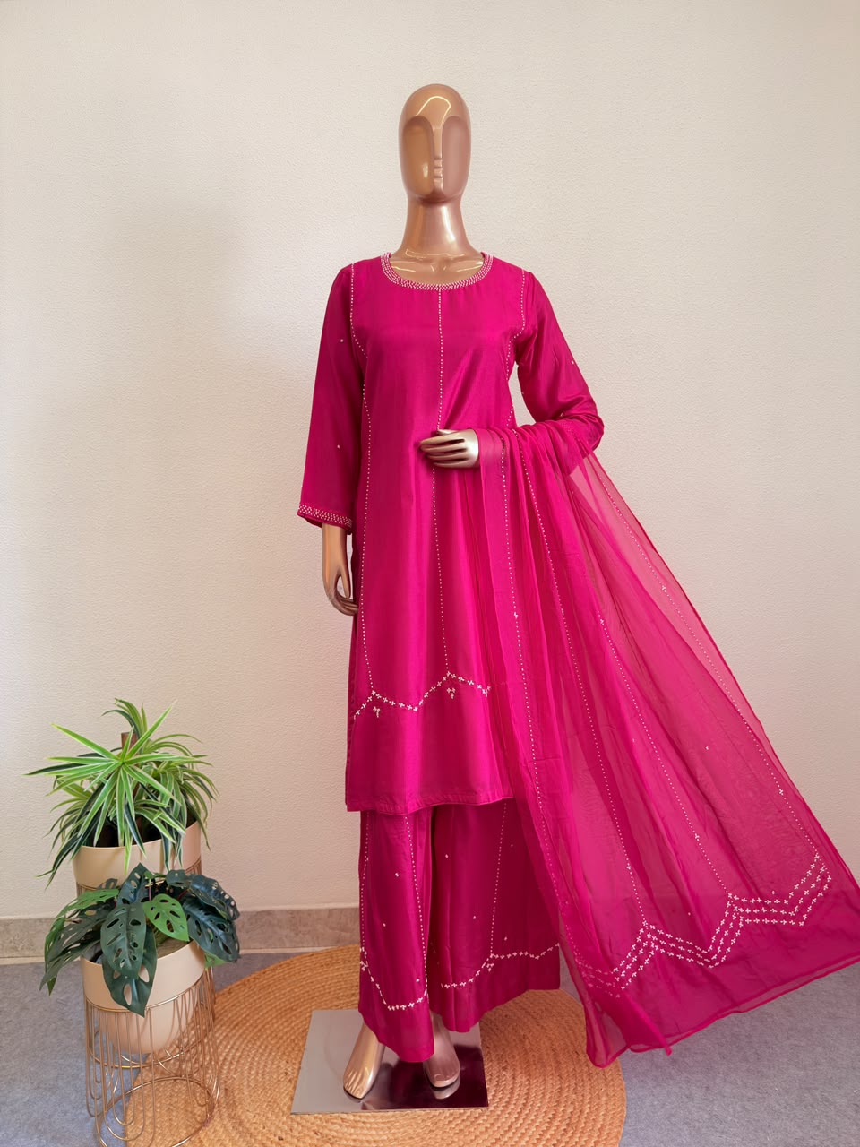 Premium Pearl Embroidered Silk Suit Set with Palazzo & Organza Dupatta