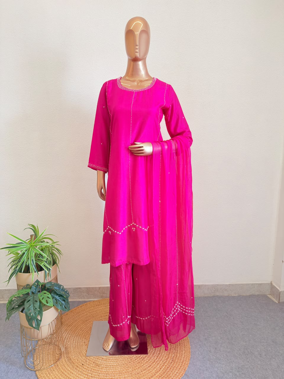 Premium Pearl Embroidered Silk Suit Set with Palazzo & Organza Dupatta