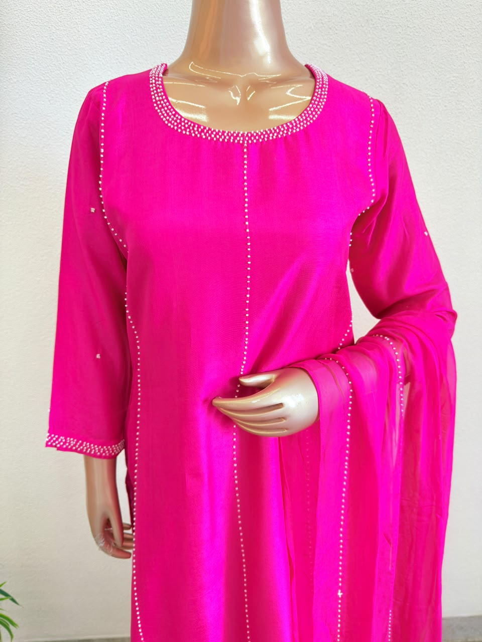 Premium Pearl Embroidered Silk Suit Set with Palazzo & Organza Dupatta