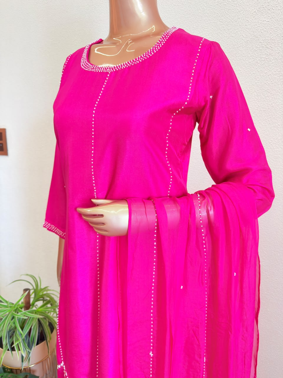 Premium Pearl Embroidered Silk Suit Set with Palazzo & Organza Dupatta