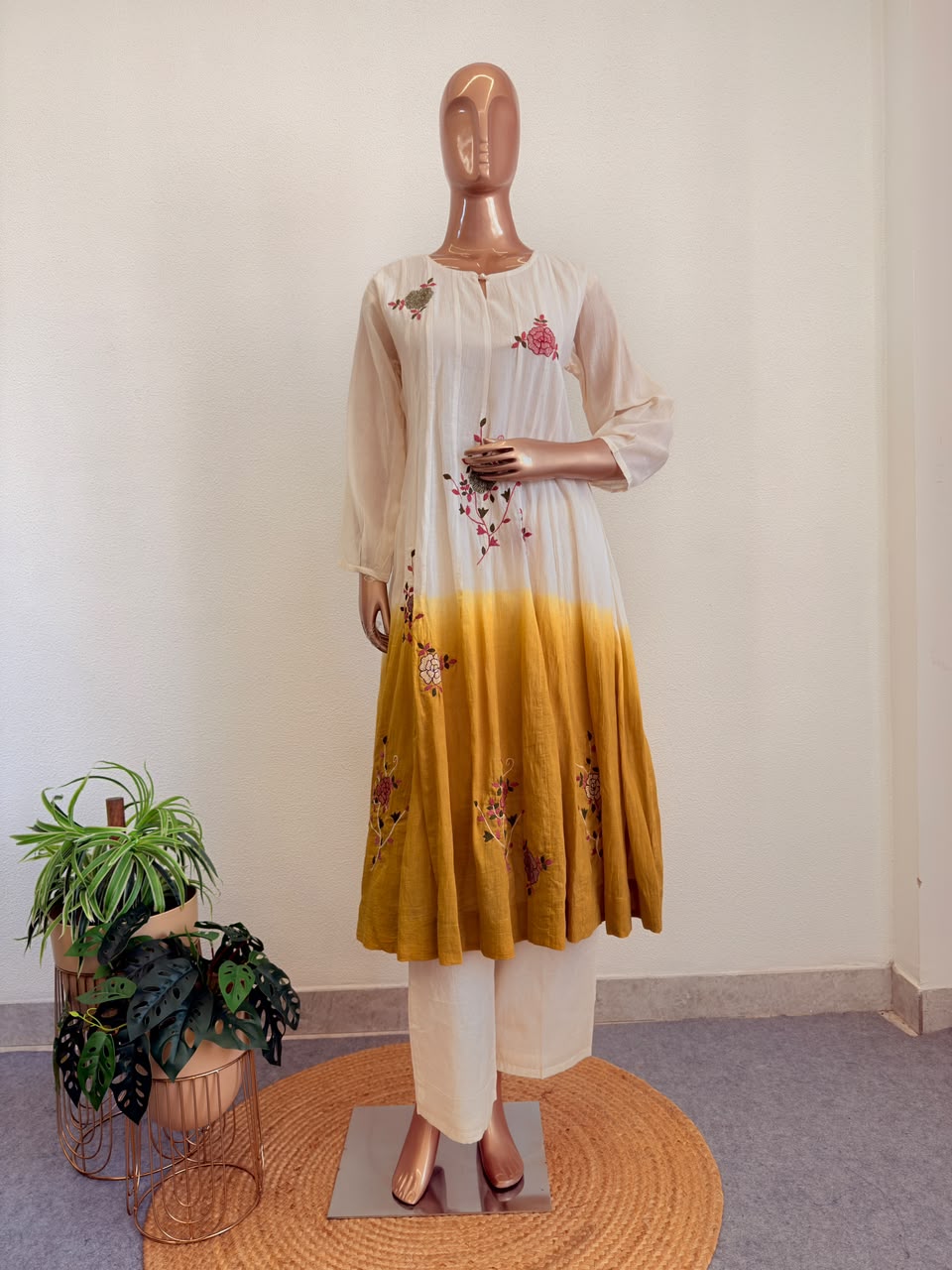 Ombre Mul Cotton Embroidered Flared Kurta Set with Scalloped Dupatta - Yellow