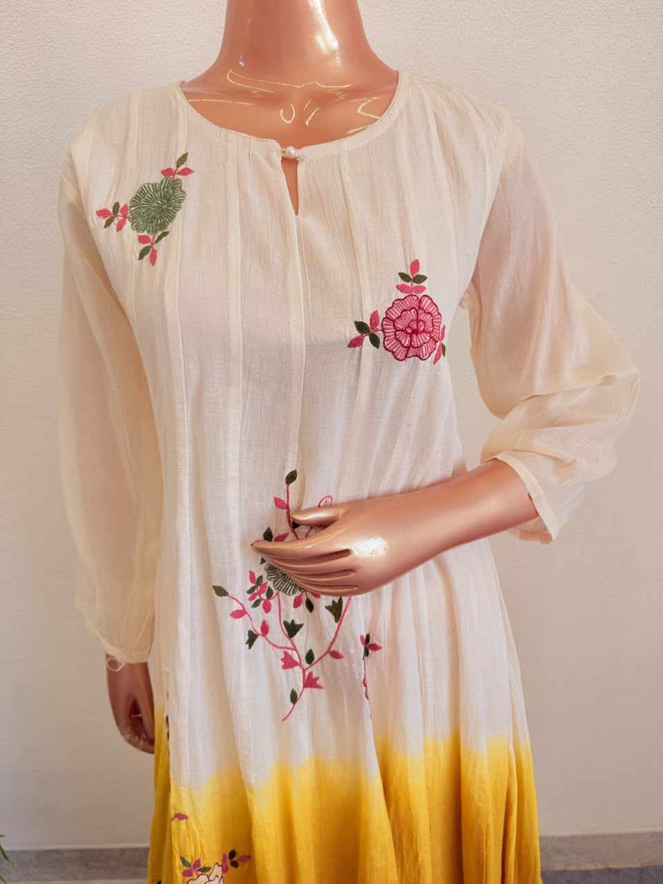 Ombre Mul Cotton Embroidered Flared Kurta Set with Scalloped Dupatta - Yellow
