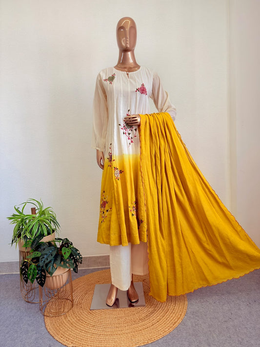 Ombre Mul Cotton Embroidered Flared Kurta Set with Scalloped Dupatta - Yellow
