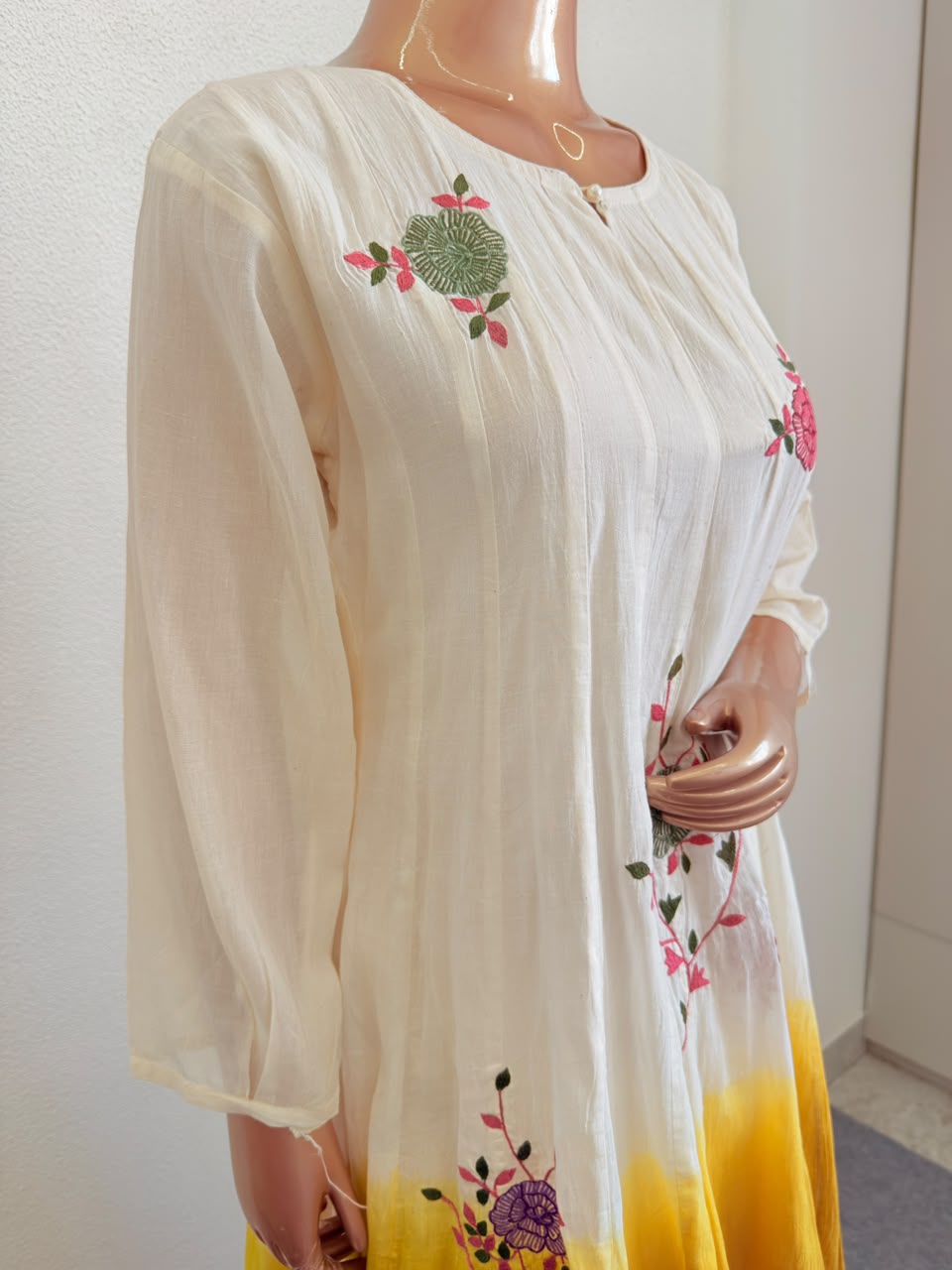 Ombre Mul Cotton Embroidered Flared Kurta Set with Scalloped Dupatta - Yellow