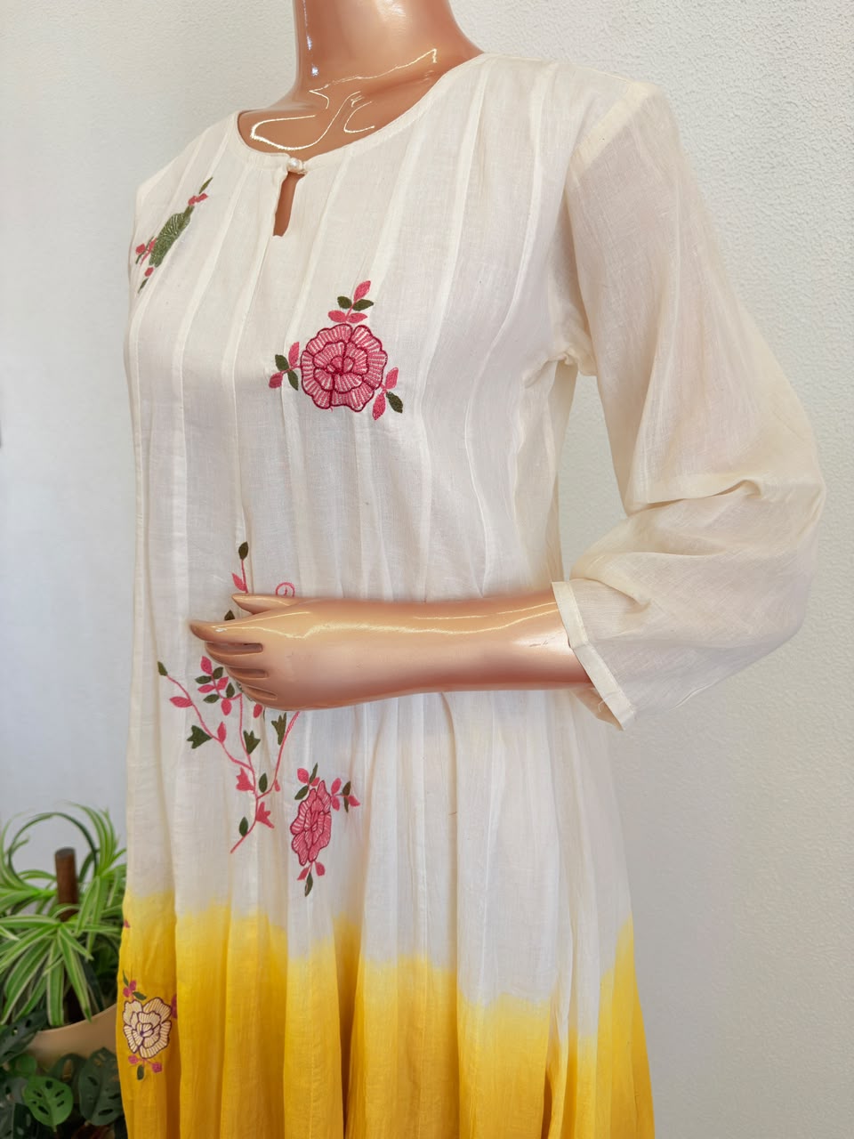 Ombre Mul Cotton Embroidered Flared Kurta Set with Scalloped Dupatta - Yellow