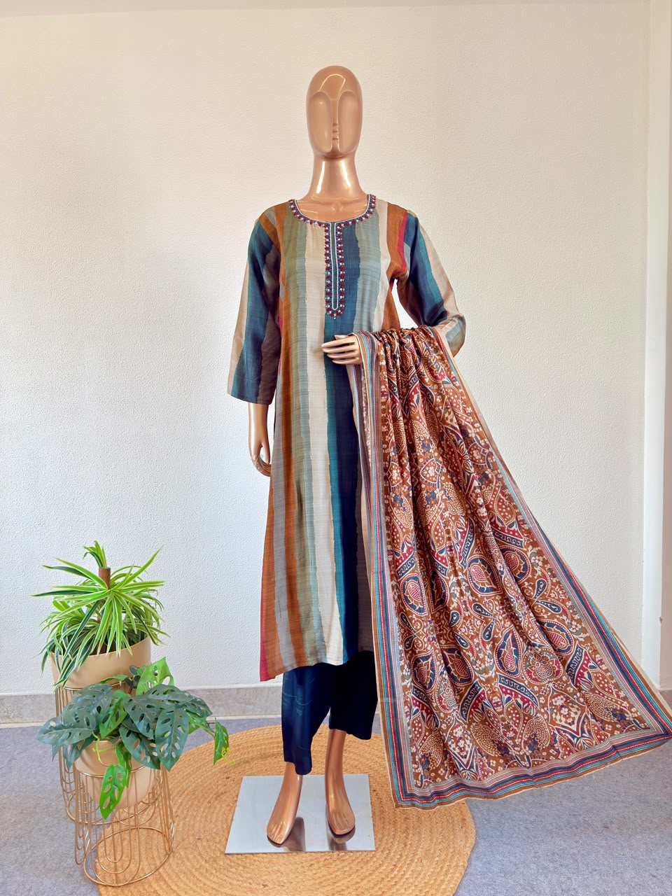 Striped Russian Silk Straight Suit Set with Embroidered Neckline & Printed Dupatta