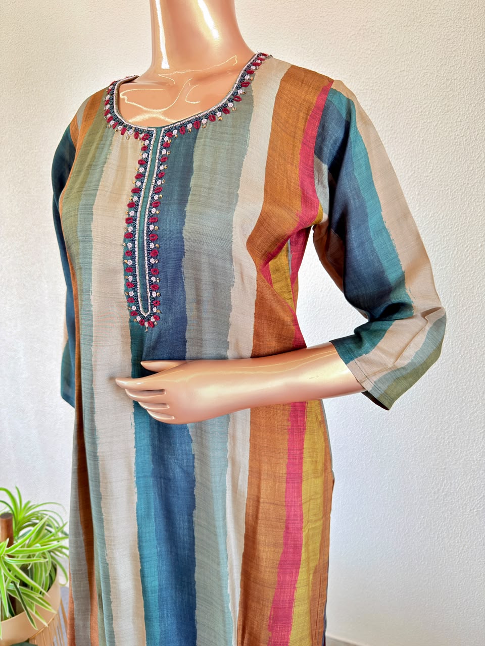 Striped Russian Silk Straight Suit Set with Embroidered Neckline & Printed Dupatta