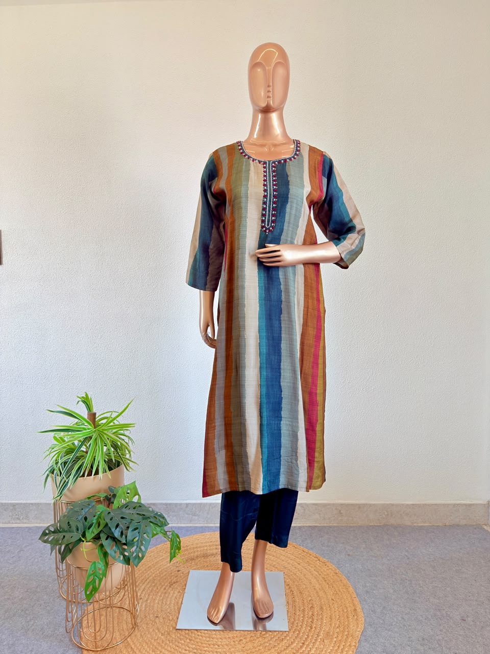 Striped Russian Silk Straight Suit Set with Embroidered Neckline & Printed Dupatta