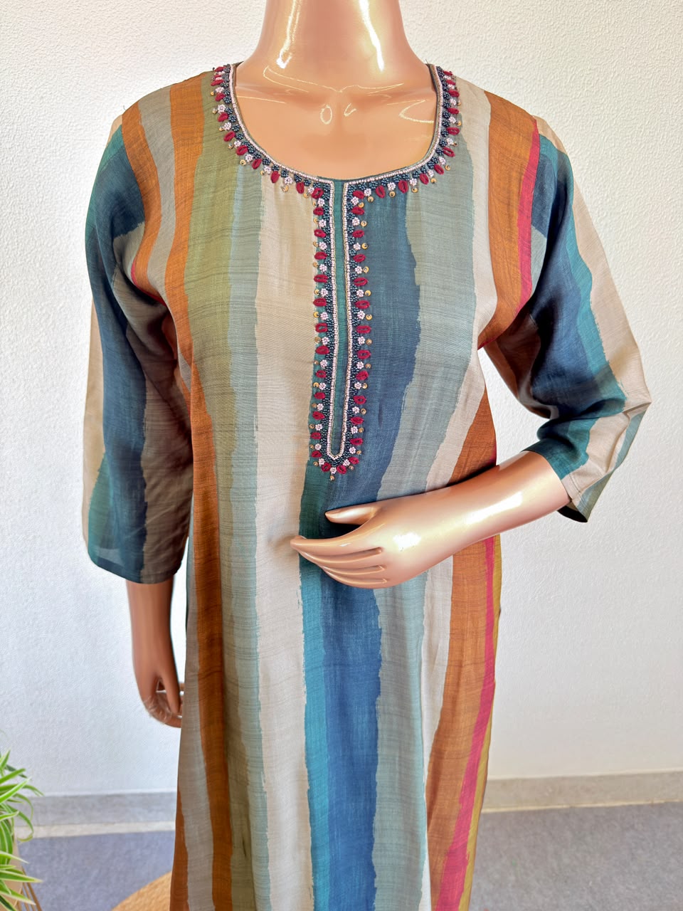 Striped Russian Silk Straight Suit Set with Embroidered Neckline & Printed Dupatta